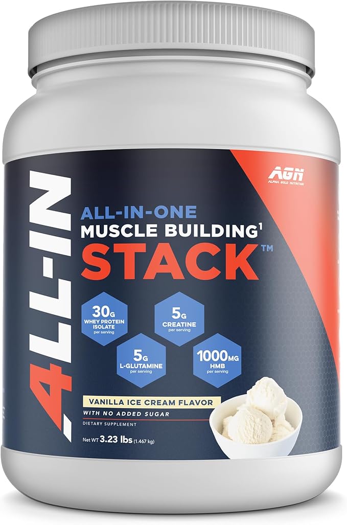 All-in-One Muscle Building Stack - Vanilla Whey Protein Isolate, Creatine Monohydrate, HMB, and L-Glutamine, 4 Products in one, Nothing Artificial, 30 Servings
