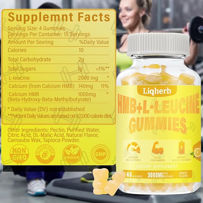 HMB and Leucine Supplements 3000mg, HMB L-Leucine Gummies for Adults, Muscle Recovery, Increase, Improve Endurance, Non GMO, Vegan,Gluten Free, 120
