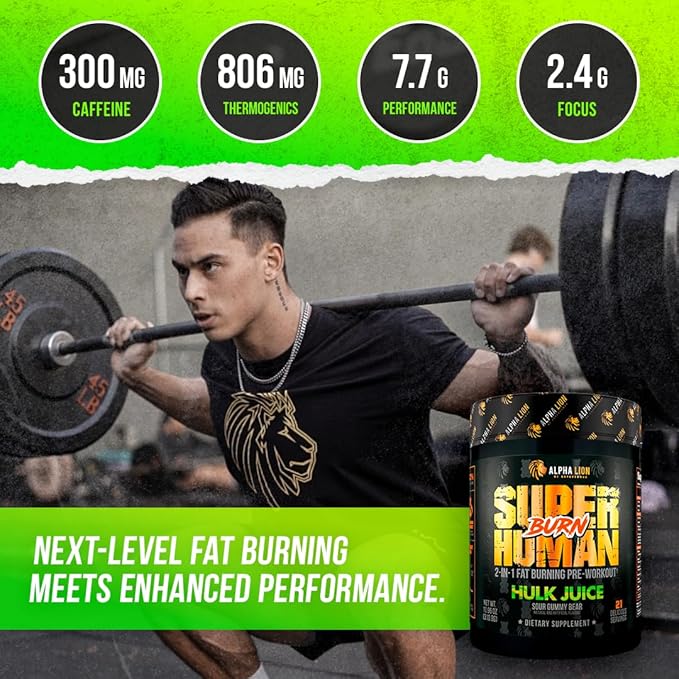 ALPHA LION Superhuman Burn – 2 in 1 Metabolism Booster Pre Workout and Thermogenic Fat Burner for Men – Appetite Suppressant and Weight Loss Supplement (21 Servings, Hulk Juice)