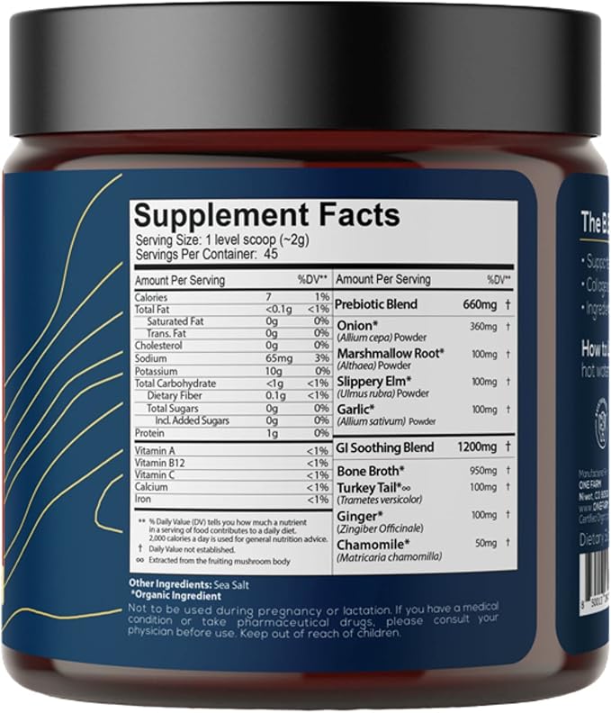 One Farm Superfood Powder Gut Health, Organic Gut Soothing Blend and Prebiotic Blend, Non-GMO, Prebiotics with Bone Broth, Turkey Tail Mushroom, Slippery Elm, and Marshmallow Root for GI Health
