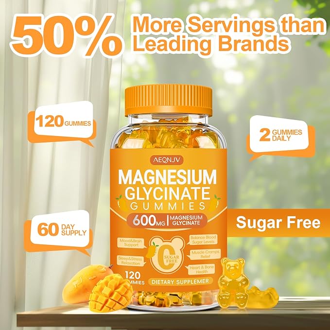 Magnesium Glycinate Gummies 600mg, Chewable Sugar Free Potassium Magnesium Gummies with Magnesium Glycinate, Vitamin D, B6 and CoQ10 for Sleep, Relaxation, Brain & Muscle, 120 Count