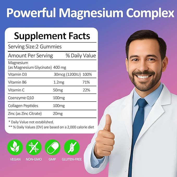 Magnesium Glycinate Gummies 400mg - Sugar Free Vegan Gummies for Adults & Kids with Vitamin D3, B6, C, CoQ10, Collagen, Zinc - Sleep, Muscle, Bone & Memory Support - 60 Raspberry Chewables