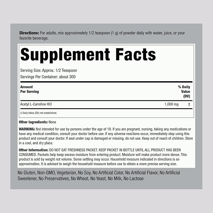 Piping Rock Acetyl L-Carnitine Powder | 300g | ALCAR HCL Supplement | Non-GMO, Gluten Free