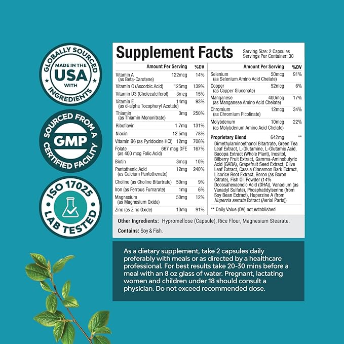 Natural Mind and Memory Supplement for Increased Mental Performance and Clarity Supports Brain Function Made with Pure Green Tea Extract DMAE Bitartrate and Vitamins 60 Capsules by Natures Craft