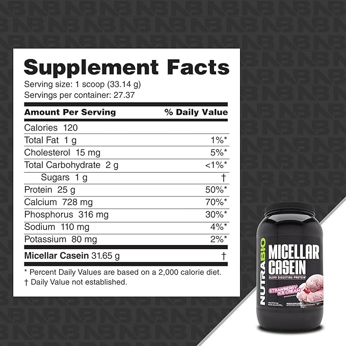 NutraBio Micellar Casein Protein Powder-Casein Protein Powder Strawberry- Slow Digesting - Muscle Growth - Essential Amino Acids - Non-GMO - Gluten & Soy Free-2 lbs Strawberry Ice Cream