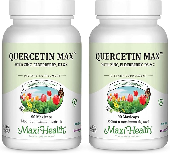 Maxi Health Quercetin 500mg with Zinc 30mg, Vitamin C 1000mg, Vitamin D 2500 IU, Elderberry 125mg - Vegetarian Health Supplement for Adults Kosher Certified - 90 Veggie Capsules (Pack of 2)