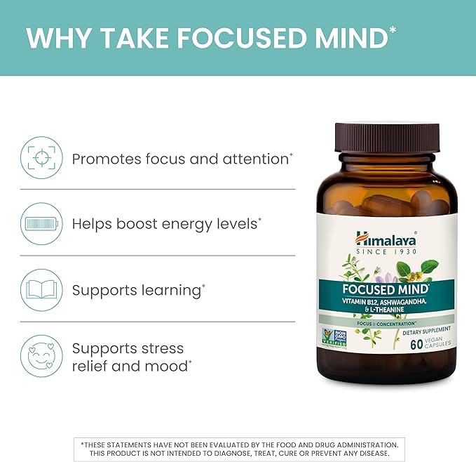 Himalaya Focused Mind with Ashwagandha, Bacopa & L-Theanine for Focus, Energy and Attention, 60 Capsules, 1 Month Supply, Vegan, Gluten Free