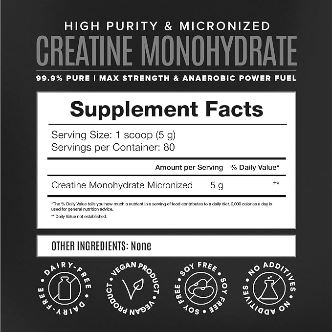 Micronized Creatine Monohydrate Powder, Muscle Recovery, Caffeine Free, Creatine Pre Workout, Vegan, Post Workout, Gluten Free, Sugar Free | 80 Servings (5 Grams Each) | 0.8lb
