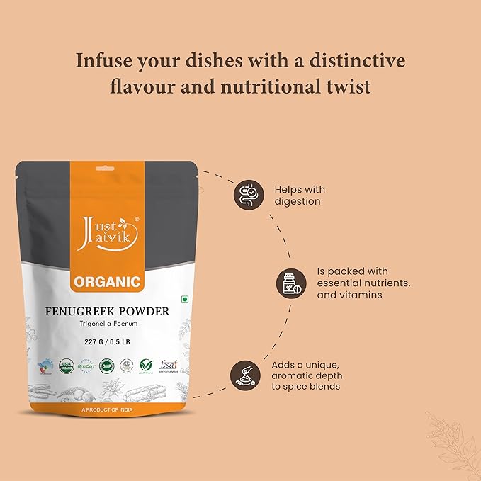 Just Jaivik 100% Organic Fenugreek Powder 0.5 lb / 227 gm / 08 oz | Trigonella Foenum Methi Powder | Supports Healthy Digestive System & Boosts Immunity | USDA Certified Organic
