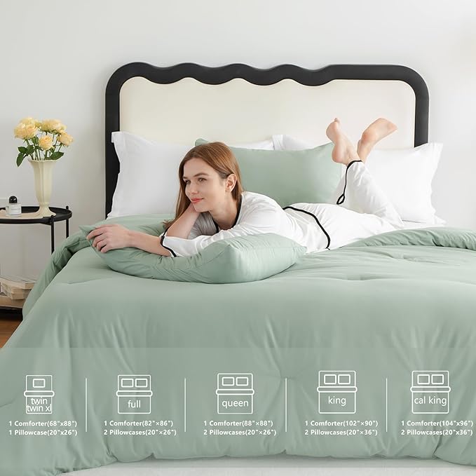 CozyLux Sage Green Comforter Set Queen Size, 3 Pieces Solid Breathable Quilted Style Bedding Sets, Luxury Fluffy Soft Microfiber Comforter for All Season(1 Comforter & 2 Pillowcases)