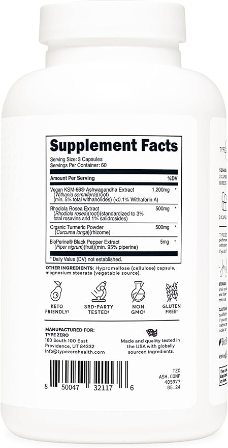 Type Zero KSM-66 Ashwagandha Root Extract 1,200mg, 60 Servings - High Potency 5% Withanolides - with Turmeric, Rhodiola Rosea and BioPerine Black Pepper Extract - 180 Veggie Caps