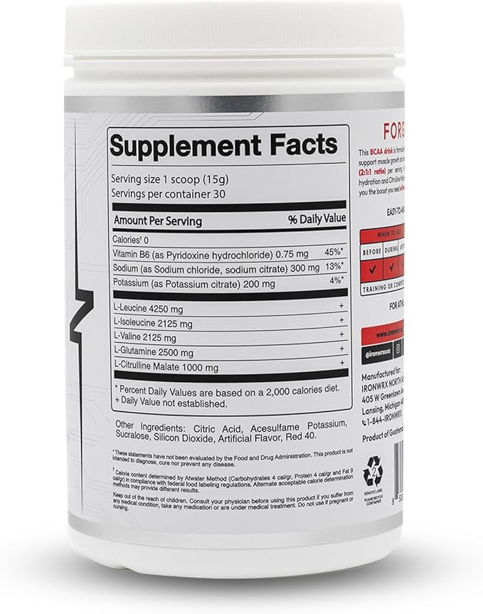 BCAA Powder | Watermelon Flavor | 30 SERVINGS | Zero Sugar | 2:1:1 Leucine, Valine, and Isoleucine Ratio with Citrulline Malate and L-Glutamine | Muscle Growth, Recovery, and Soreness Support