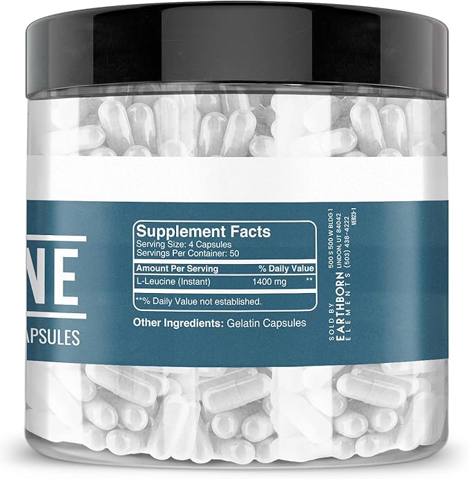 Earthborn Elements L-Leucine 200 Capsules, Pure & Undiluted, No Additives
