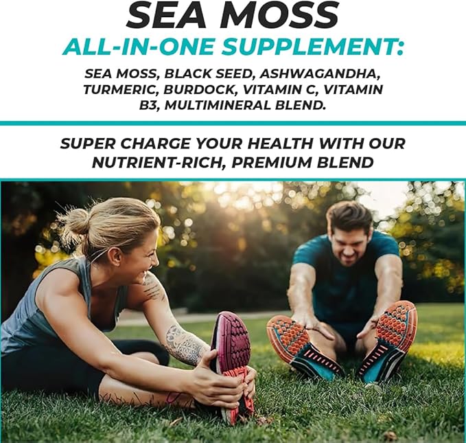Sea Moss, Black Seed, Ashwagandha, Turmeric, Burdock, Vitamin C, Vitamin B3, Multimineral Blend, All-in-One Supplement for Men and Women, Vegan, Gluten Free, Non-GMO, 60 Capsules