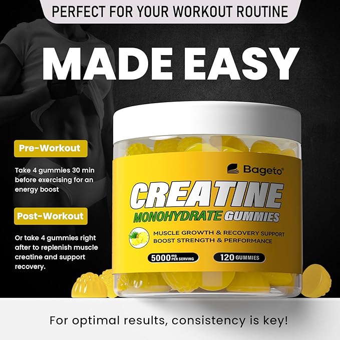 Creatine Monohydrate Gummies 5g for Men Women,Sugar Free Chewables Creatine Pre-Workout for Muscle Strength, Pineapple Flavor, 120 Count