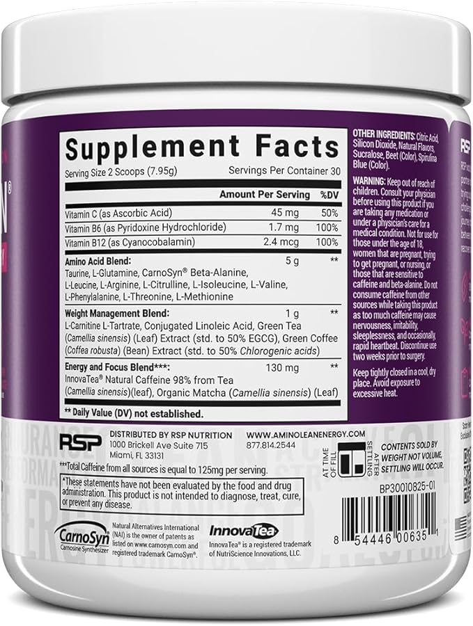 RSP NUTRITION AminoLean Pre Workout Powder, Amino Energy & Weight Management with Vegan BCAA Amino Acids, Natural Caffeine, Preworkout Boost for Men & Women, 30 Serv