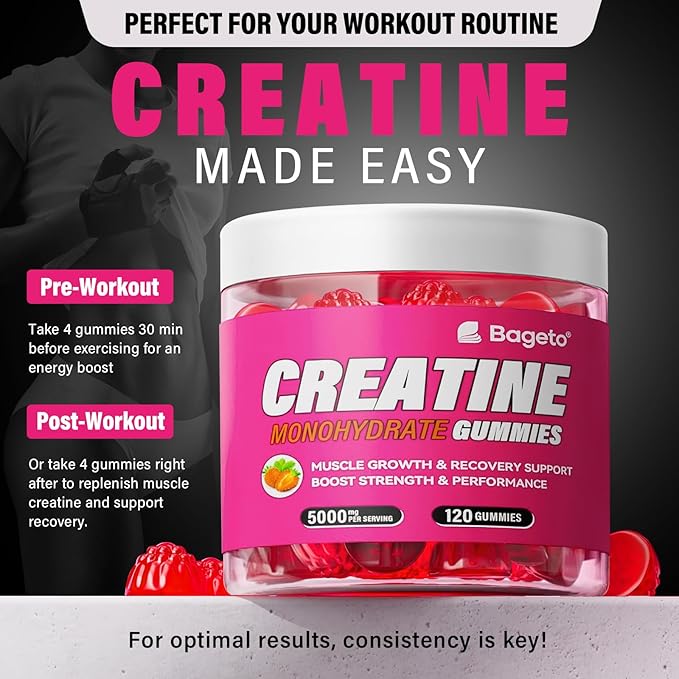 Creatine Monohydrate Gummies 5000mg for Men & Women, Gomitas de Creatina 5g Creatine Monohydrate,0g Sugar Chewables Creatine Pre-Workout for Muscle Strength, Vegan (Strawberry 2)