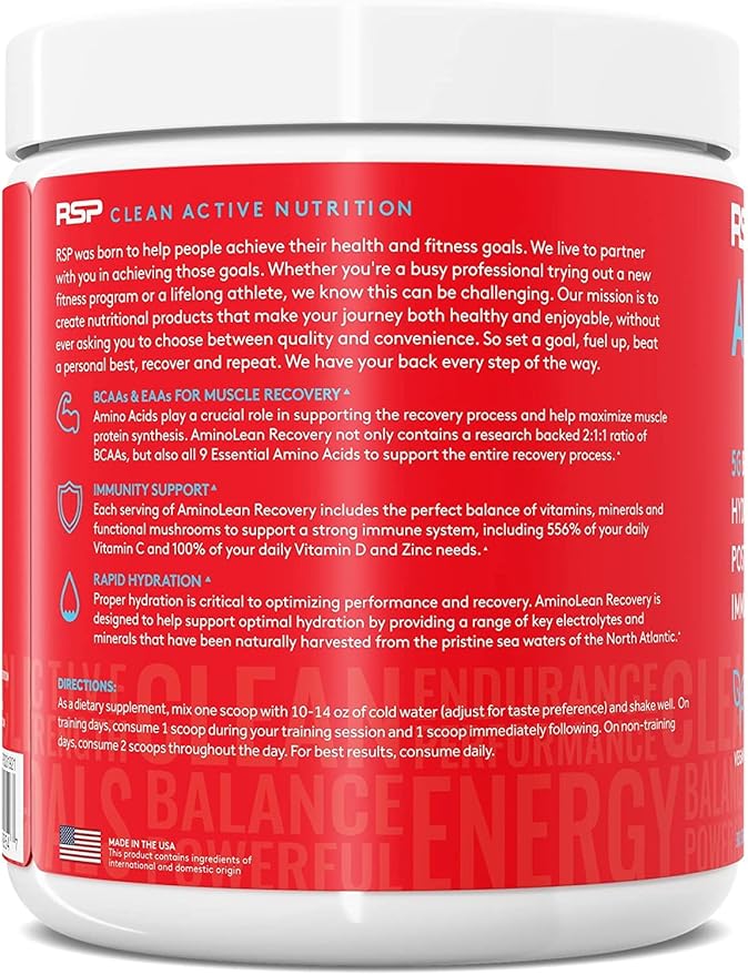 RSP AminoLean Recovery - Post Workout BCAAs Amino Acids Supplement + Electrolytes, BCAAs and EAAs for Hydration Boost, Immunity Support - Muscle Recovery Drink, Vegan Aminos, Tropical Punch