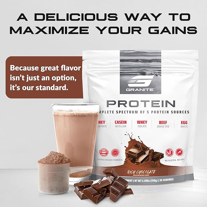 Granite Nutrition Protein Powder - Premium 5-Source Blend (Whey, Casein, Egg, Grass-Fed Beef) for Lean Muscle and Recovery - Rich Chocolate, 30 Servings