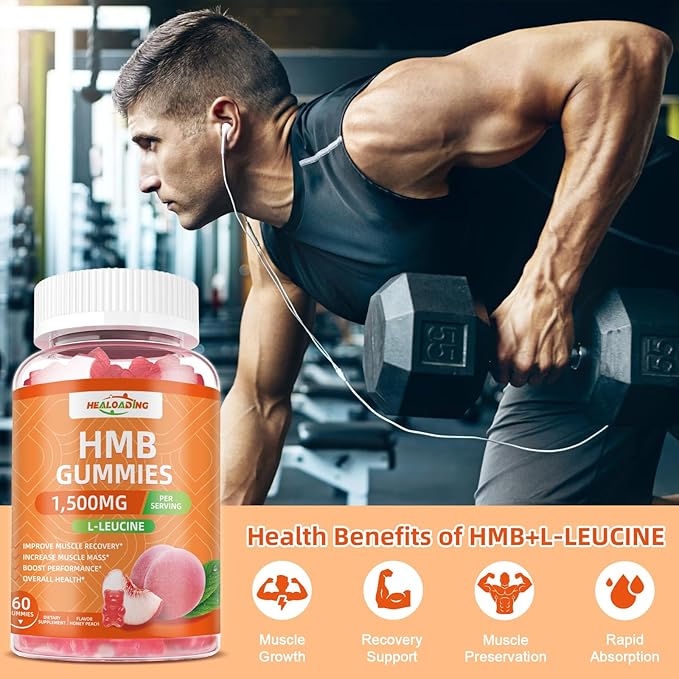 HMB and Leucine Gummies Supplement: HMB Supplements for Men 1500mg and Leucine Amino Acid for Muscle Recovery Increase Muscle Mass Improve Endurance Non-GMO Sugar Free Peach 60 Gummies