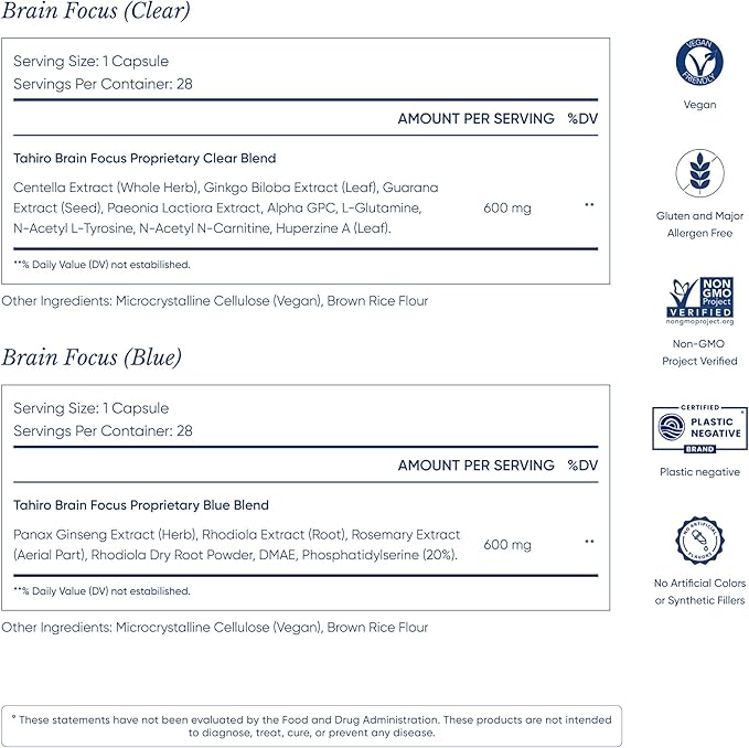 TAHIRO Brain Focus Supplement – Brain Supplements for Memory and Focus – Natural Brain Support Supplement with Gingko Biloba, Panax Ginseng, Herbal Extracts – Non-GMO Vegan Brain Booster – 28-Packets