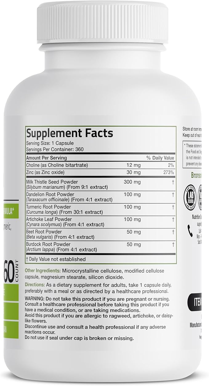 Bronson Liver Detox Advanced Detox & Cleansing Formula Supports Health Liver Function with Milk Thistle, Dandelion Root, Turmeric, Artichoke Leaf & More, Non-GMO, 360 Vegetarian Capsules