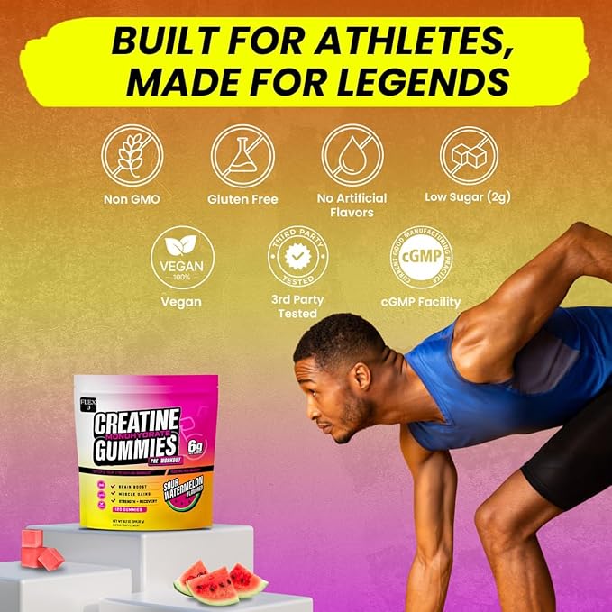 (6g) Creatine Monohydrate Gummies Men Women for Pre Workout Energy Muscle Growth Gym Gains Recovery, Preworkout Protein Chews Creatina Gomitas, Body Builder Focus Supplement Vitamin (Vegan | 120 Ct)