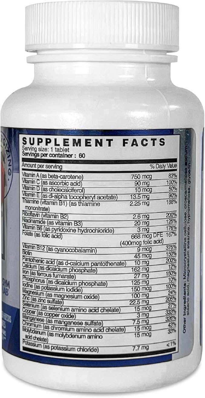multivitamin, Vitamin A, Vitamin C, Vitamin D, Vitamin E, Vitamin B12, Vitamin B6, Calcium, zinc, Phosphorus, Potassium, Iron, Minerals, biotin, thiamine, Magnesium, Chromium, riboflavin.