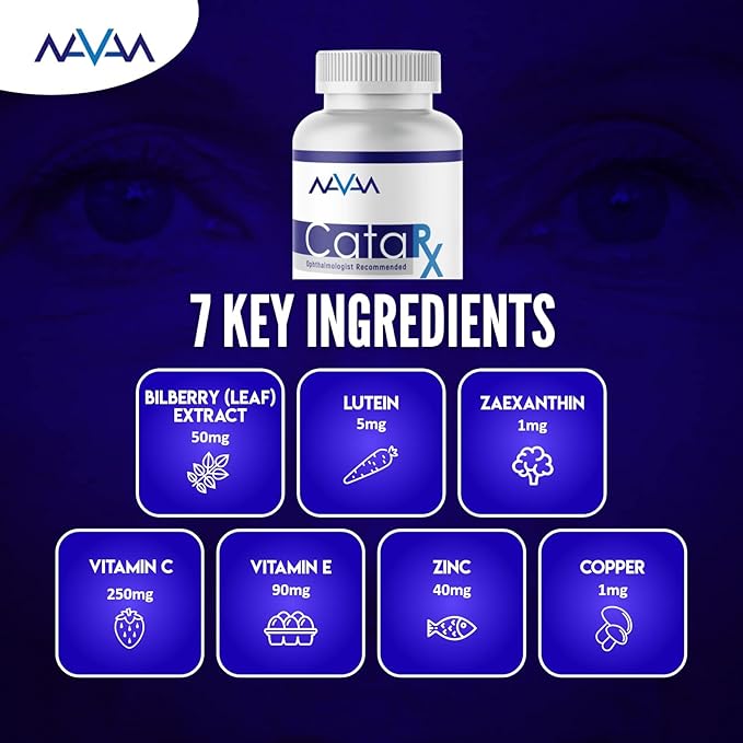 Navan CataRx Antioxidant AREDS 2 Eye Vitamins & Minerals Supplement for Lens Clarity & Retina Health by Clinical Experts - Lutein, Zeaxanthin, Zinc, Vitamin C, NAC - Kosher Certified, 60 Capsules