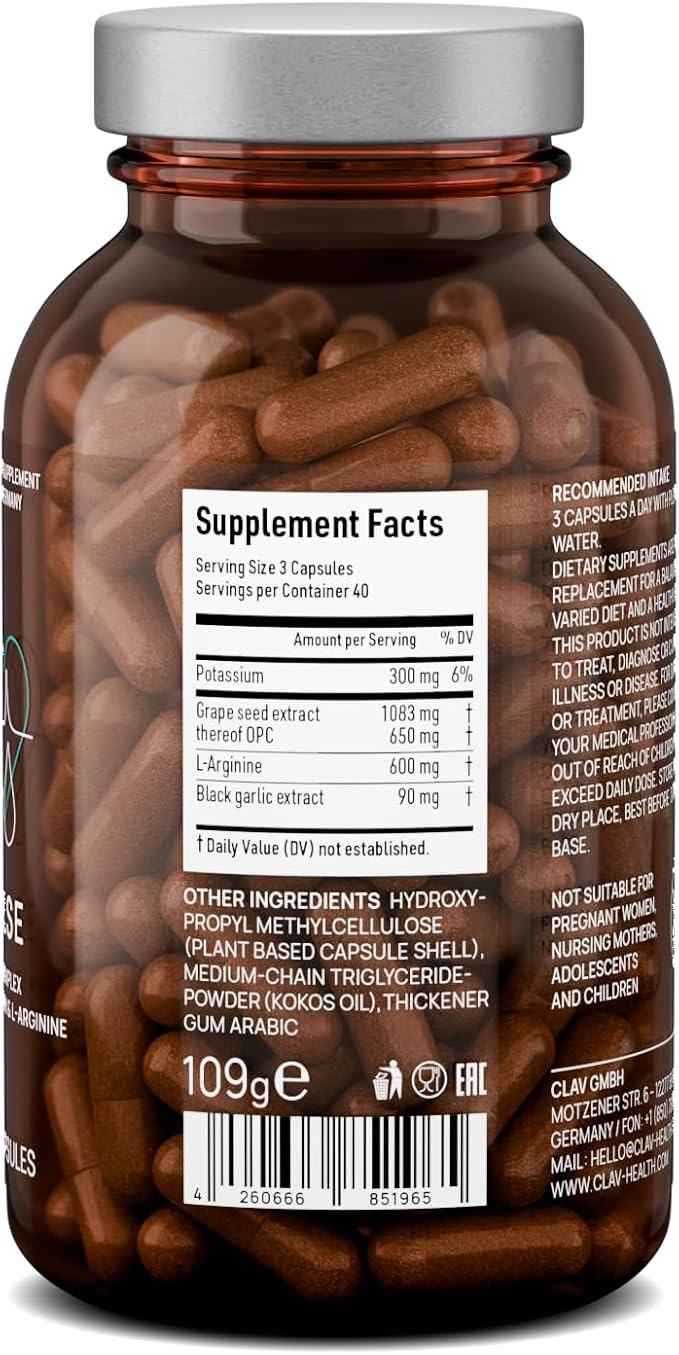 CLAV Premium Blood Pressure Support Supplement with Grape Seed Extract, L-Arginine, Black Garlic Extract & Potassium - 120 Capsules