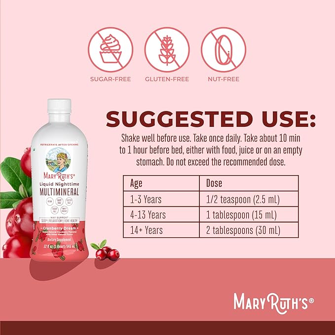 MaryRuth's Liquid Nighttime Multimineral | NO Melatonin | Bedtime Routine | Magnesium Citrate | Calcium | Zinc | Vitamin D3| Available in 4 Flavors | Vegan | Sugar Free | Gluten Free | 32 Oz