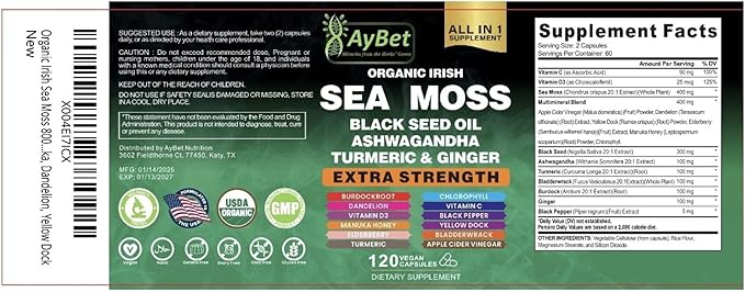 Organic Irish Sea Moss, Black Seed Oil, Ashwagandha, Turmeric,Ginger Capsule, Bladderwrack, Burdock, VIT C&VIT D3, Elderberry, Manuka Honey, Dandelion, Yellow Dock, Apple Cider Vinegar, Halal, Vegan