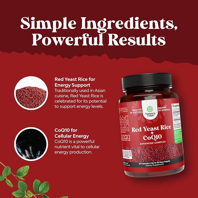 Red Yeast Rice with CoQ10 Supplement - Extra Strength Red Yeast Rice 1200 mg. Capsules with CoQ10 100mg Per Serving - Heart Health Supplement 3rd Party Tested Vegan Non-GMO & Citrinin-Free (1 Month)