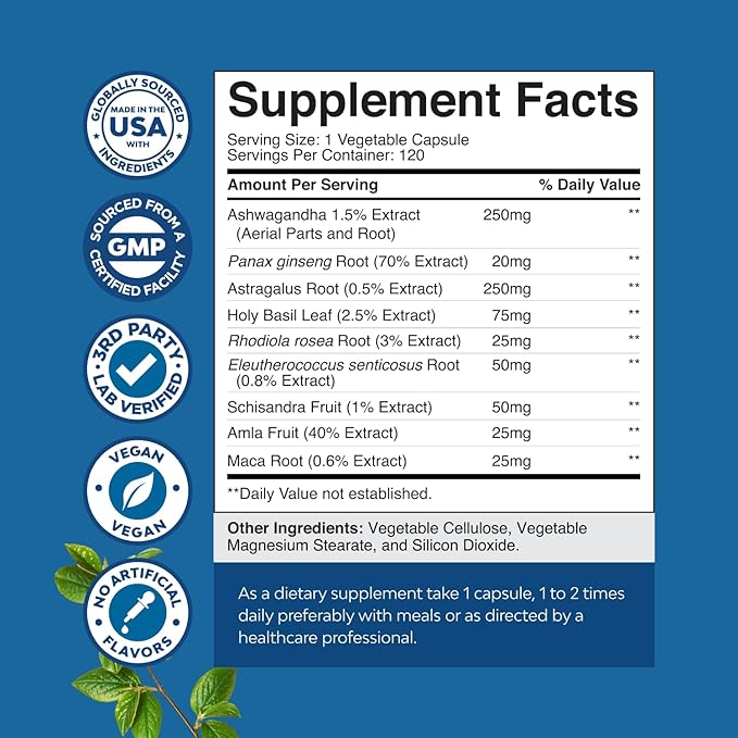 Herbal Adaptogen Mood Support Supplement - Calming Adaptogens Supplement for Stress & Cortisol Management with Ashwagandha Rhodiola Rosea & Maca Root - Vegan Non GMO & Daytime Friendly -120ct