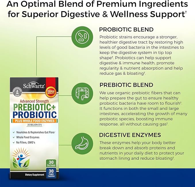 Prebiotics and Probiotics with Whole Food Enzymes for Adults Women & Men - Probiotics Lactobacillus Acidophilus - Digestive Health Capsules Shelf Stable Supplement - Non-GMO Gluten & Dairy Free -30ct