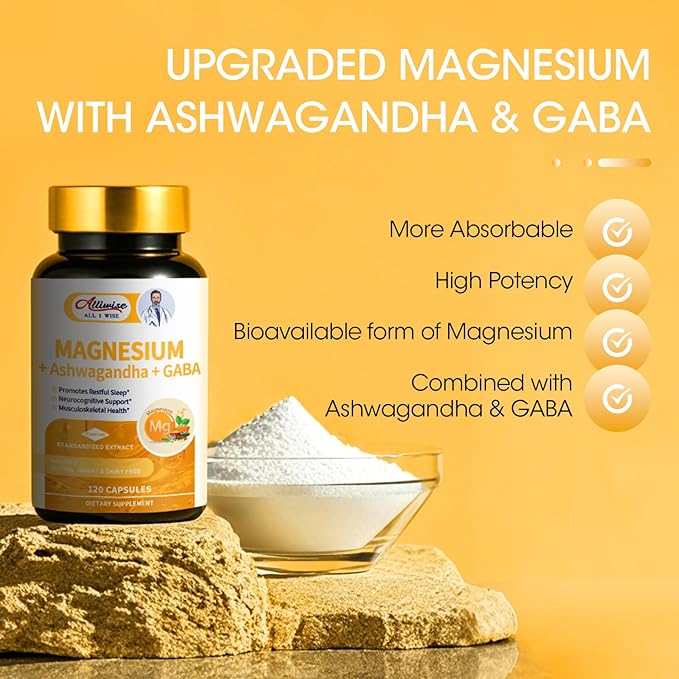 Magnesium Supplement + Ashwagandha & GABA, Magneium Glycinate, Taurate, Malate Complex for Clam Sleep, Muscles Recovery, Nerves, & Energy Support, High Absorption Vegan, Non-GMO - 120 ct