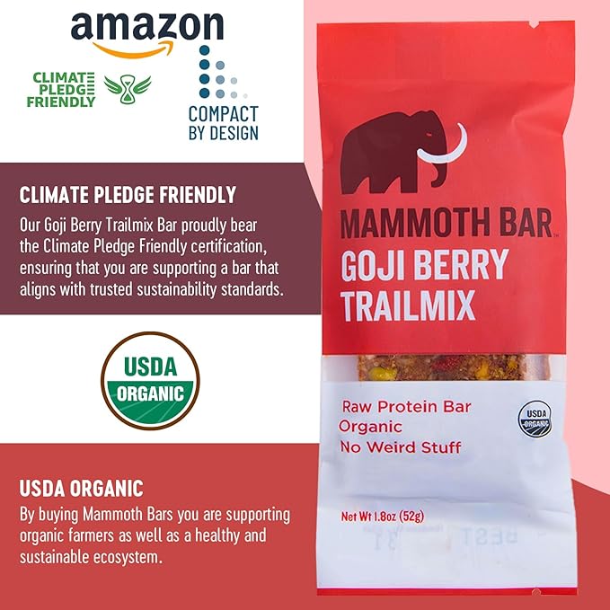 Mammoth Bar Goji Berry Trail Mix - 10 Organic Protein Bars – Prebiotic • Paleo • Gluten Free • Egg Protein • GMO Free • Raw • Premium Nuts