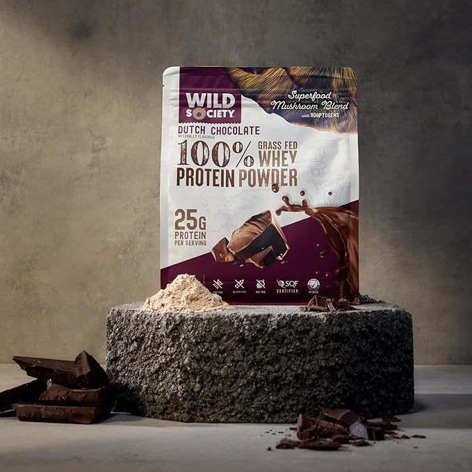 WILD SOCIETY - Premium 100% Grass Fed Whey Protein Powder + Superfood Mushrooms & Adaptogens - 25g Protein, Clean Protein Powder, 0 Added Sugar, Non GMO, Gluten Free - Dutch Chocolate - 17.9 oz
