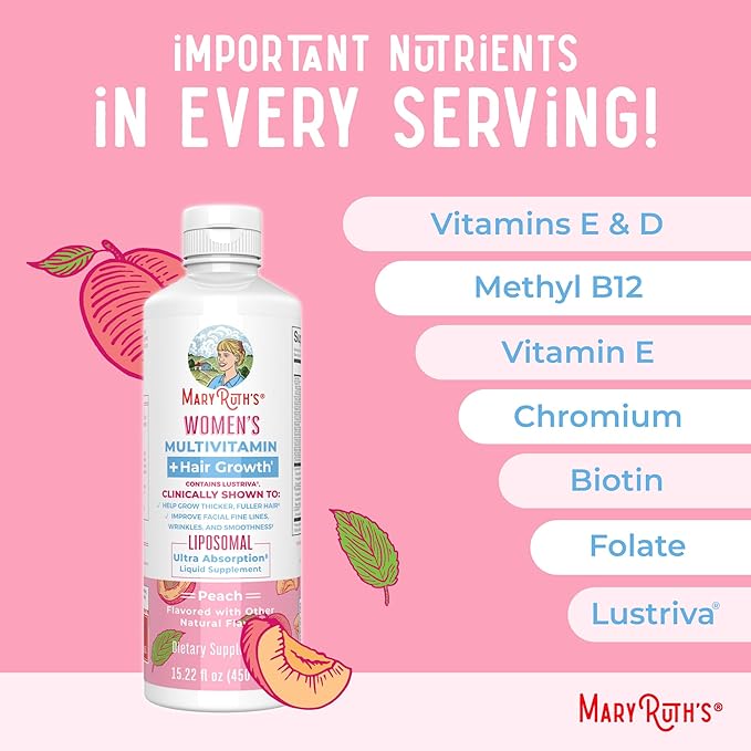 Women's Multivitamin + Lustriva Hair Growth Liposomal | Biotin 10000mcg | Clinically Tested for Thicker Hair, Wrinkles, Fine Lines, Skin Care | with Ashwagandha & Maca Root | Ages 18+ | 15.22 Fl Oz