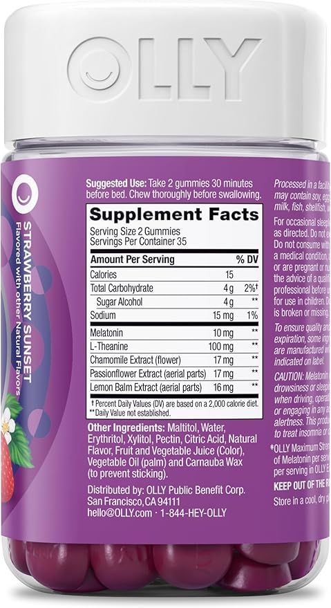 OLLY Max Strength Sleep Gummy, 10mg Melatonin, L-Theanine, Chamomile, Lemon Balm, Sugar Free, Vegetarian Sleep Aid, Strawberry - 70 Count