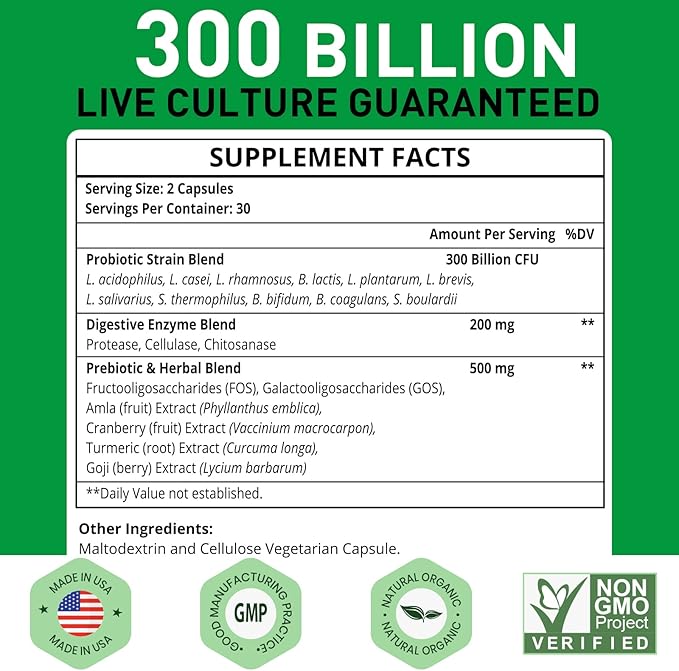 Probiotics for Women and Men, 300 Billion CFU 11 Strains, Acidophilus Probiotic Supplement with Organic Herbal & Digestive Enzymes Shelf Stable for Digestion & Immune Support 120 Count