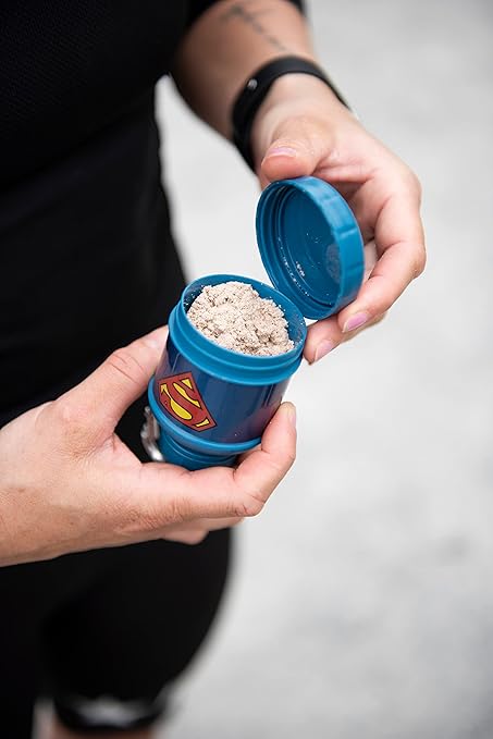 Smartshake Justice League Whey2Go Superman Protein Powder Storage Container 50g – BPA Free Shaker Bottle Funnel for Whey Protein Powder + Protein Shakes 110ml, DC Comics Superman Gifts for Men