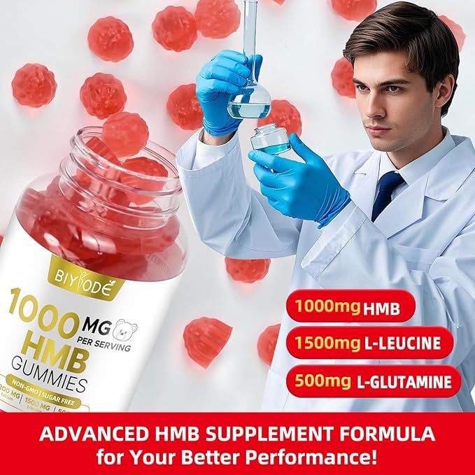 HMB Gummies for Men Women: 1000mg Muscle Bone Support with Calcium HMB 1500mg L-Leucine 500mg L-Glutamine Sugar Free Non-GMO 60 Gummies