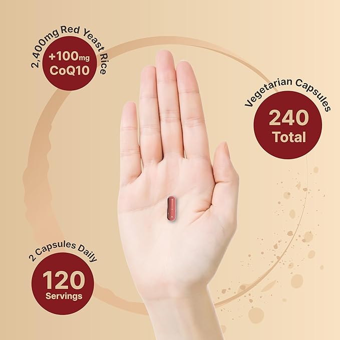 Red Yeast Rice 2,400mg with CoQ10, 240 Veggie Capsules (1,200mg Per Capsule) | Advanced Heart Health Herbal Supplement – Antioxidant Support for Energy & Heart Health – Non-GMO