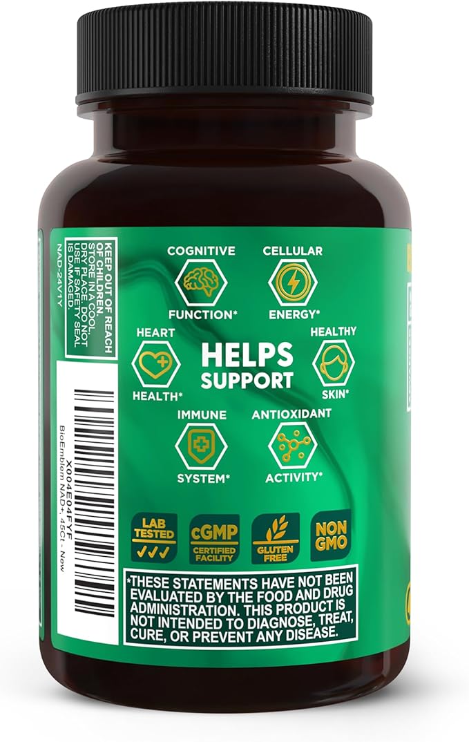 BioEmblem NAD+ Supplement | 300 mg Nicotinamide Riboside with CoQ10 & Resveratrol | Supports Healthy Aging, Cellular Energy and Cognitive Function | Non-GMO, Gluten Free - 45 Capsules