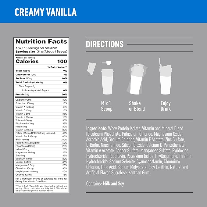Isopure Zero Carb 100% Pure Whey Isolate Protein Powder, Lactose Free, Gluten Free, With Vitamins, Creamy Vanilla, 25g Protein Per Serving, 1 Lb, 15 Servings