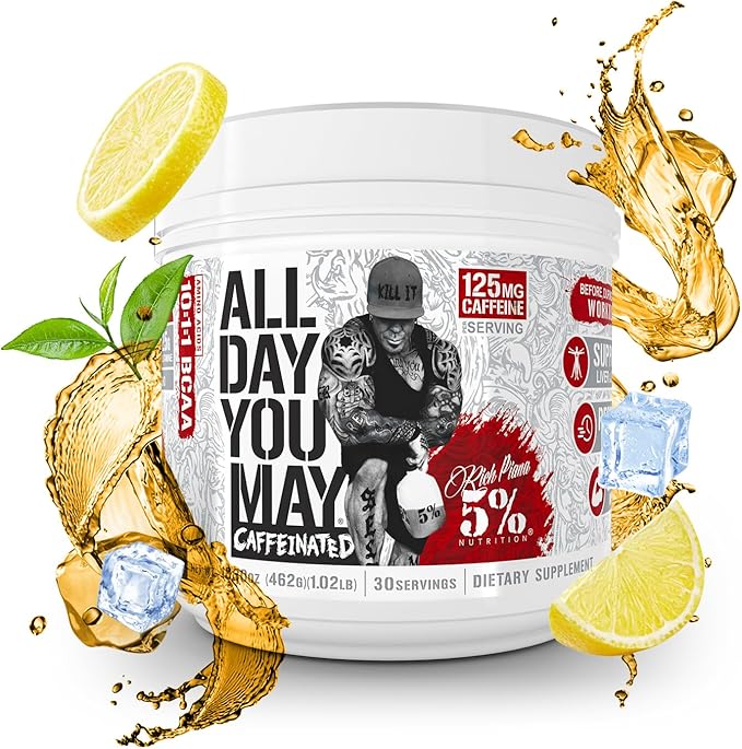 5% Nutrition Rich Piana AllDayYouMay Caffeinated BCAA Energy Powder | Premium Pre Workout Amino Energy & Electrolytes | Hydration, Endurance & Recovery | 16.3 oz, 30 Servings (Southern Sweet Tea)