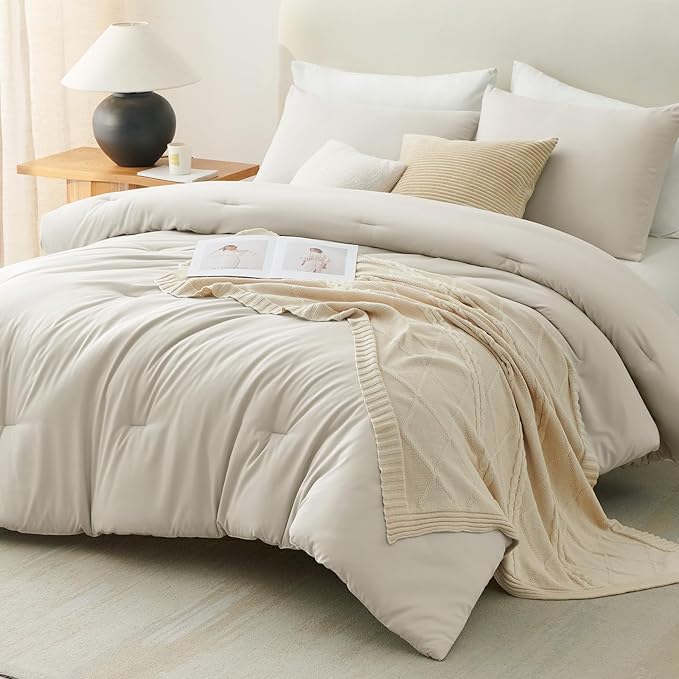 CozyLux Beige Comforter Set Full Size, 3 Pieces Solid Breathable Quilted Style Bedding Sets, Luxury Fluffy Soft Microfiber Comforter for All Season(1 Comforter & 2 Pillowcases)