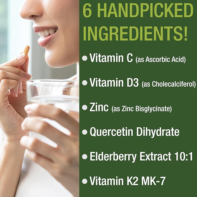 Immune Support Supplement with 6 Top Ingredients. Vitamin D3 K2 + Vitamin C + Elderberry + Zinc + Quercetin. Includes 5000 IU Vitamin D. Zinc 15mg. Immunity Capsules. Supplements for Women and Men