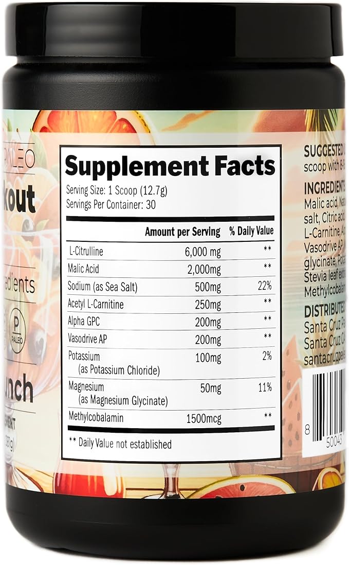 Santa Cruz Paleo Natural Pre Workout Powder, Island Punch, Keto Preworkout with Electrolytes Magnesium, Potassium, L-Citrulline, Caffeine Free, Sugar Free Drink Mix for Energy & Hydration, 30 Servings